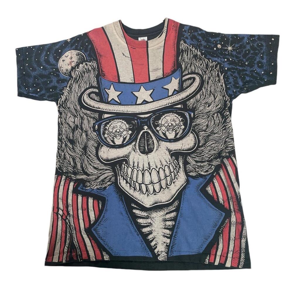 Vintage Grateful Dead Shirt XL Uncle Sam Skull USA Flag AOP 90s Band Tee